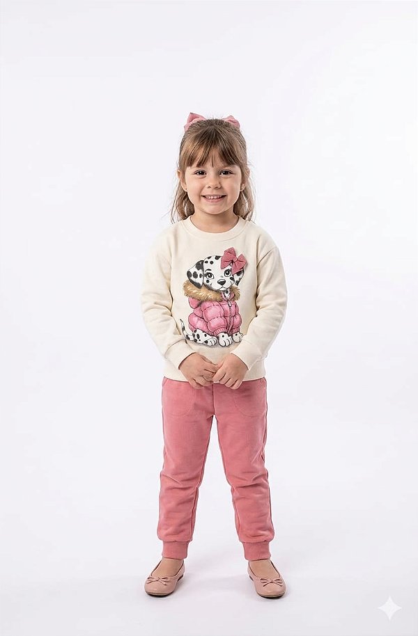 Conjunto Infantil Kyly Moletom Flanelado Off White e Rosé Dálmata Fashion