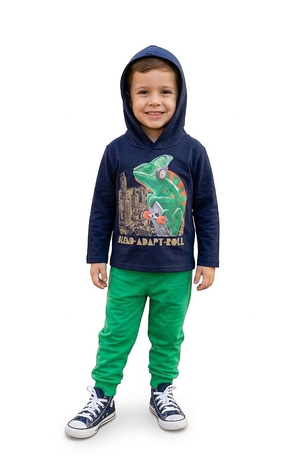 Conjunto Infantil Kyly Moletom Flanelado Marinho e Verde Camaleão Skate