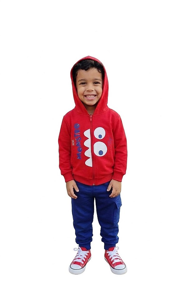 Conjunto Infantil Malwee Moletom Sem Flanela Vermelho e Azul Monster Zíper