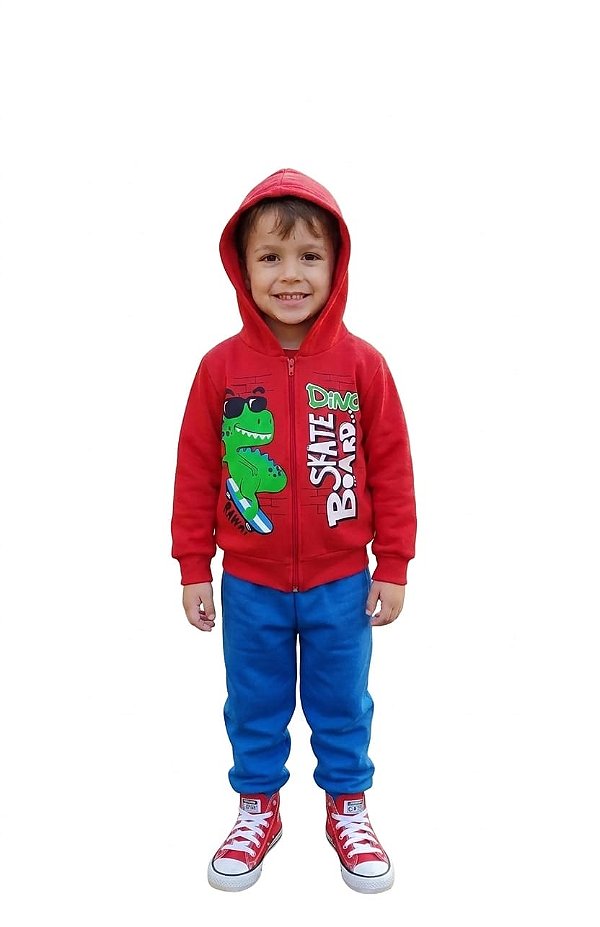 Conjunto Infantil Anale Moletom Flanelado Vermelho e Azul Dino Skateboard