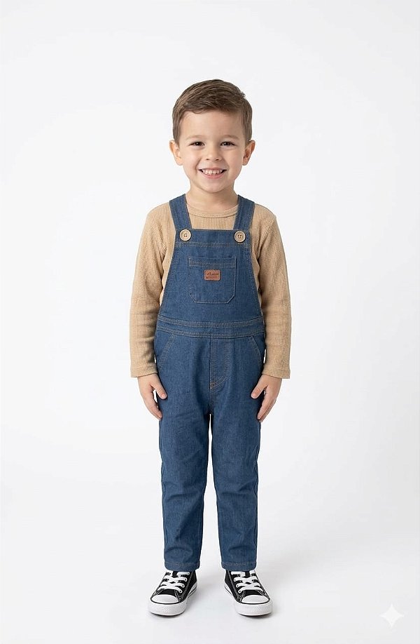 Conjunto Divertto Jardineira Jeans Look + Blusa Manga Longa Bege