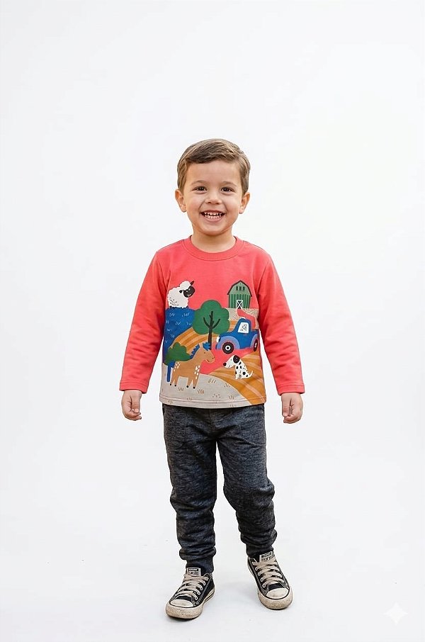 Conjunto Infantil Kyly Moletom Flanelado Vermelho e Mescla Fazendinha