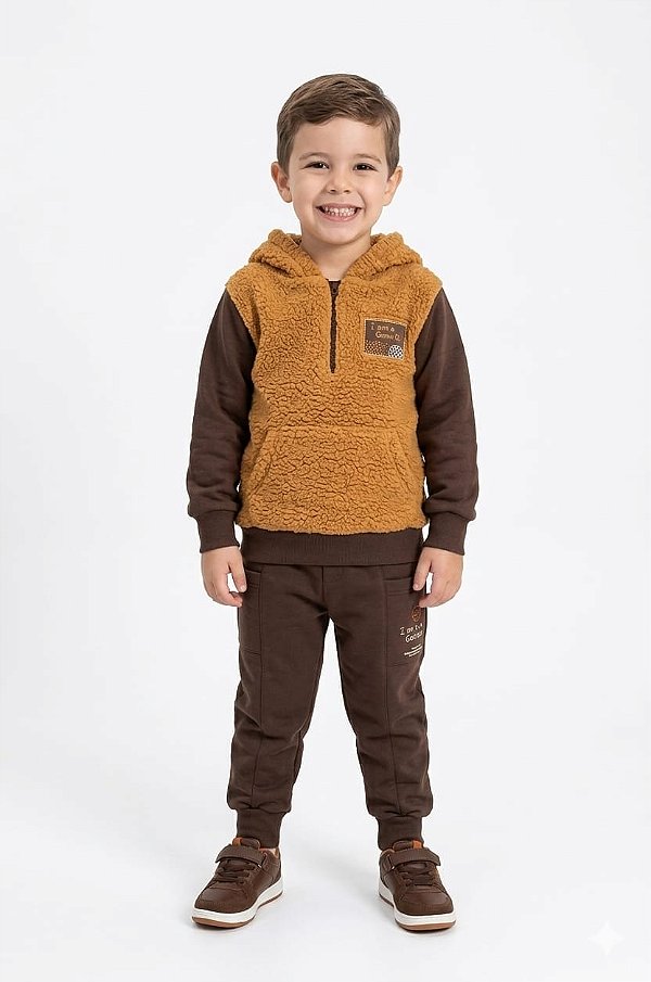 Conjunto Infantil Angerô Moletom Flanelado Marrom – Colete Teddy com Capuz