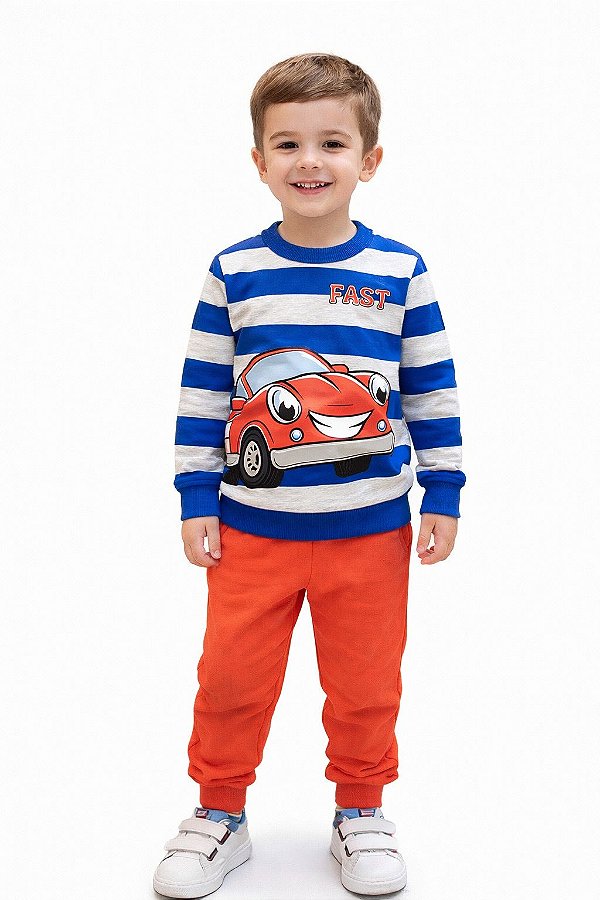 Conjunto Infantil Kyly Moletom Flanelado Listrado Azul e Mescla e Calça Laranja Fast Car