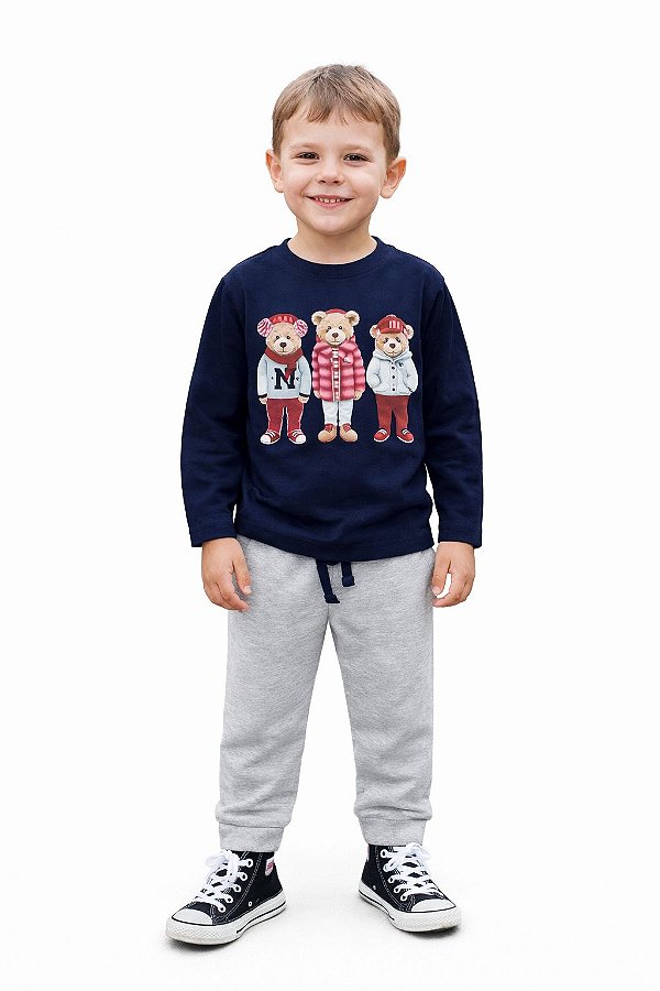 Conjunto Infantil Milon Meia Estação Marinho e Mescla Ursinhos