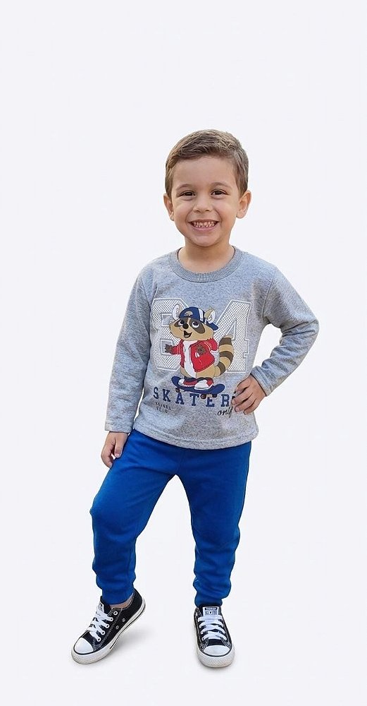 Conjunto Infantil Cato Lelê Moletom Flanelado Mescla e Azul Skater 84