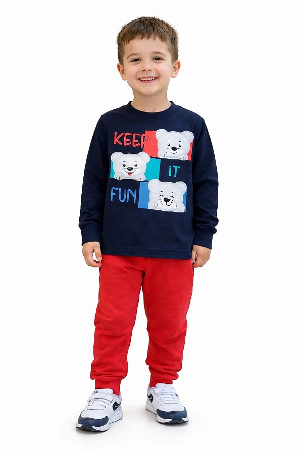 Conjunto Infantil Kyly Moletom Flanelado Marinho e Vermelho Keep it Fun