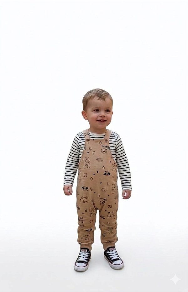 Conjunto Jardineira Malwee Bebê Meia Estação Bege Estampada e Body Listrado