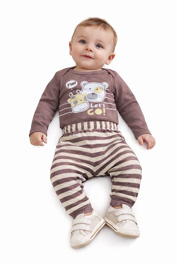 Conjunto Bebê Petutinha Body Manga Longa e Mijão Listrado Let’s Go