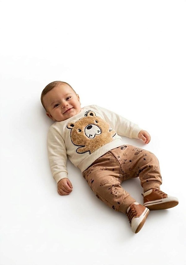 Conjunto Bebê Malwee Moletom Off White e Caramelo Ursinho Teddy