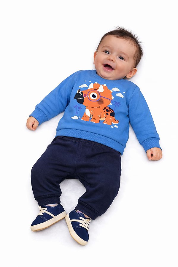 Conjunto Bebê Abrange Moletom Flanelado Azul e Marinho Dino com Óculos