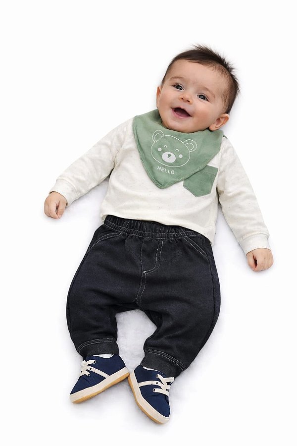 Conjunto Bebê Abrange Body e Calça Jeans Look e Bandana Hello Bear