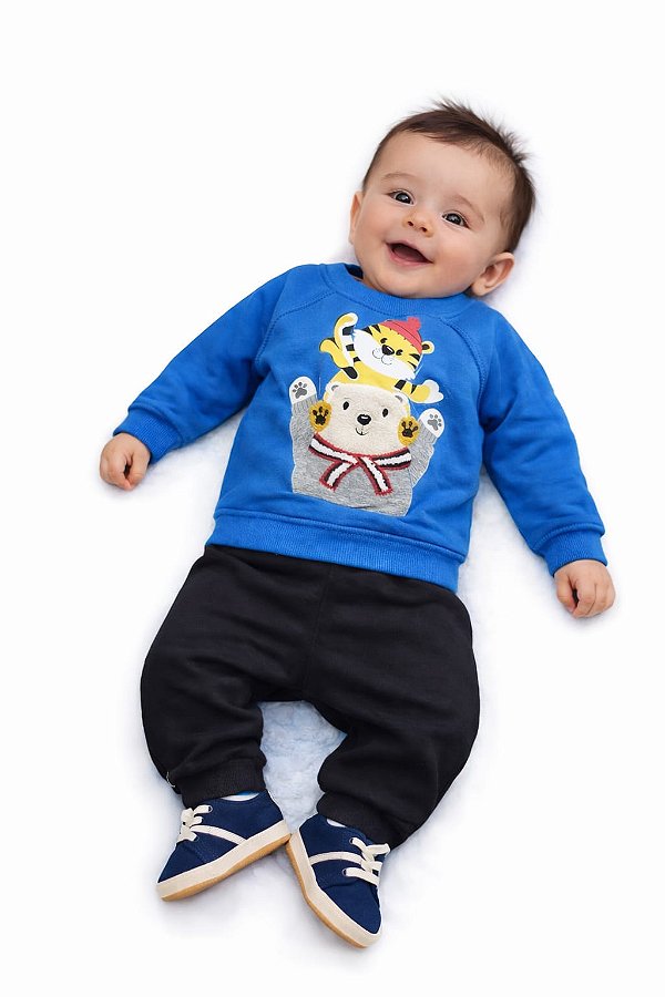 Conjunto Bebê Kyly Moletom Flanelado Azul e Preto Ursinho & Tigre