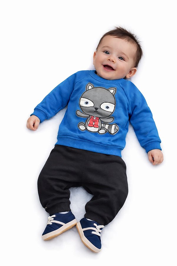 Conjunto Bebê Duzizo Moletom Flanelado Azul e Preto Guaxinim