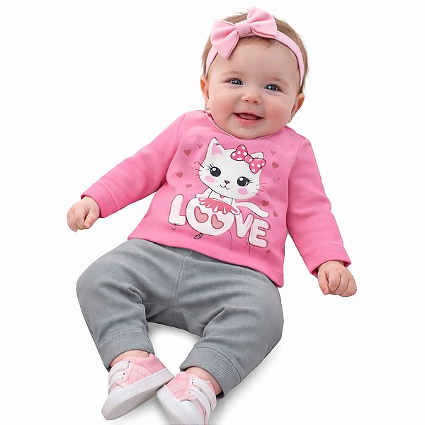 Conjunto Infantil Abrange Moletom Flanelado Rosa e Mescla Gatinha Love