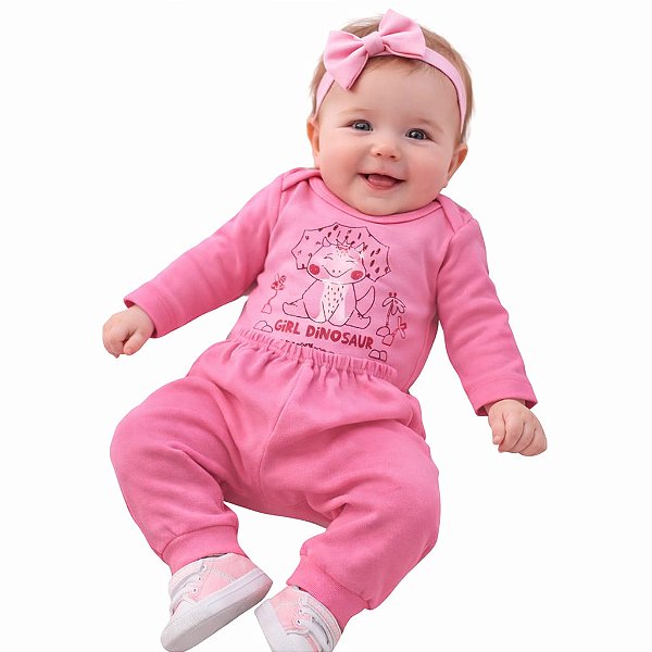 Conjunto Mafessoni Body e Mijão Rosa Girl Dinosaur