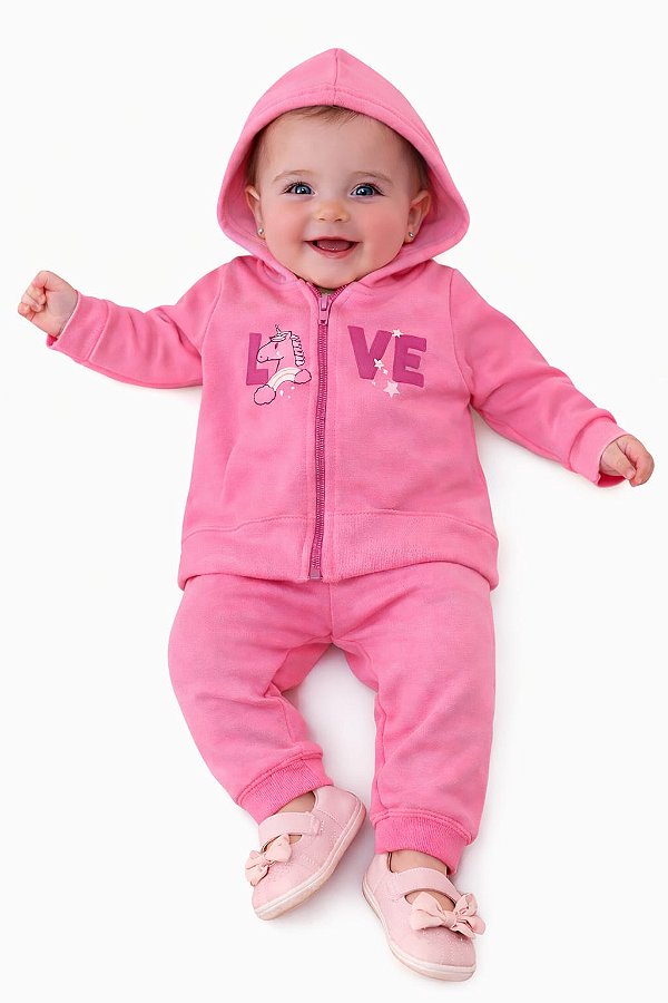 Conjunto Abrange Moletom Bebê Love Unicórnio Rosa