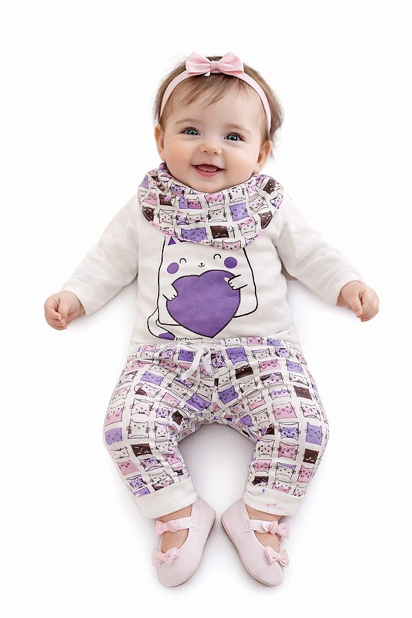 Conjunto Body, Calça e Babador Mafessoni Miau Apaixonado