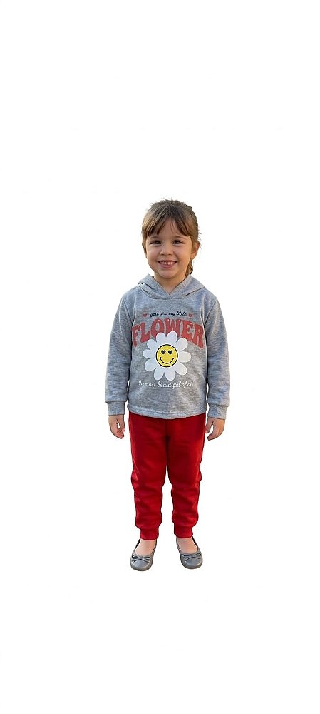 Conjunto Viston Moletom Infantil Flower Cinza Mescla e Vermelho