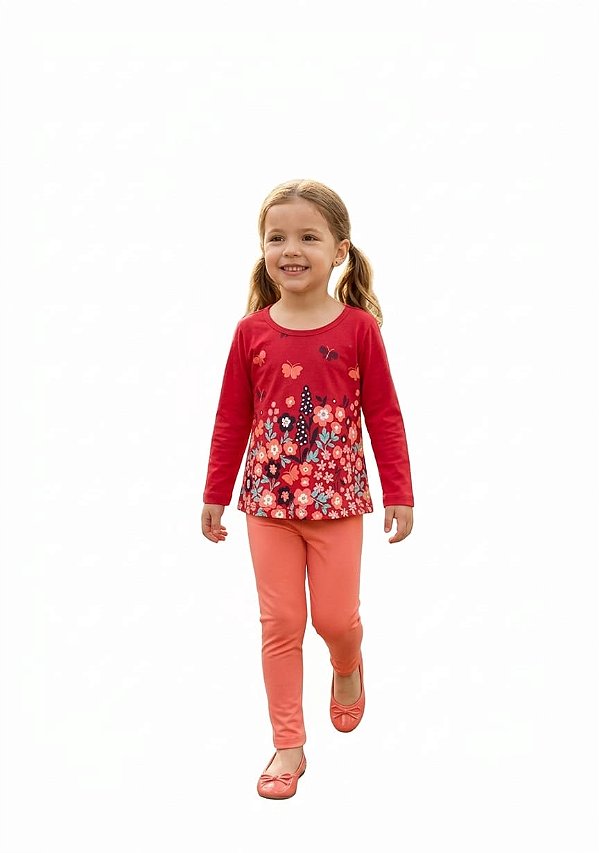 Conjunto Meia Estação Infantil Floral Vermelho e Coral