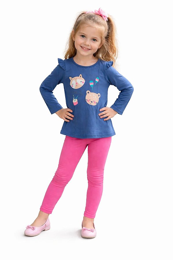 Conjunto Malwee Menina Blusa Estampada Azul Marinho e Legging Pink