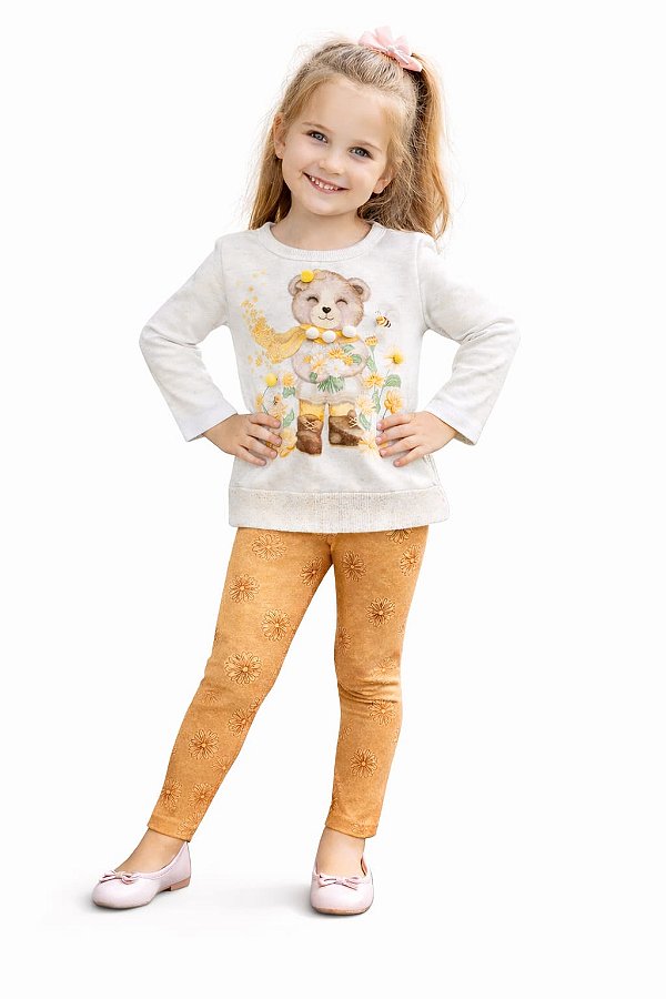 Conjunto Infanti Menina Moletom Ursinha e Flores