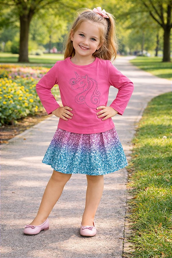 Conjunto Abrange Meia Estação Blusa Unicórnio e Saia Degradê