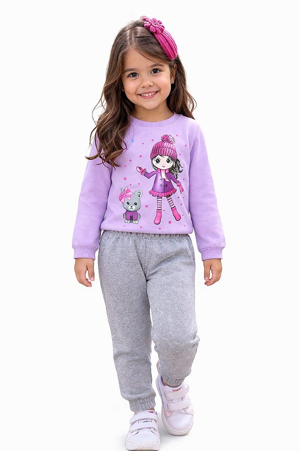 Conjunto Kyly Moletom “Menina Fashion” Lilás e Calça Mescla