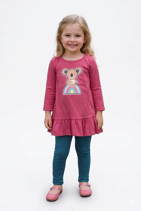 Conjunto Anale Meia Estação Coala Arco-Íris Blusa Alongada com Babado e Legging