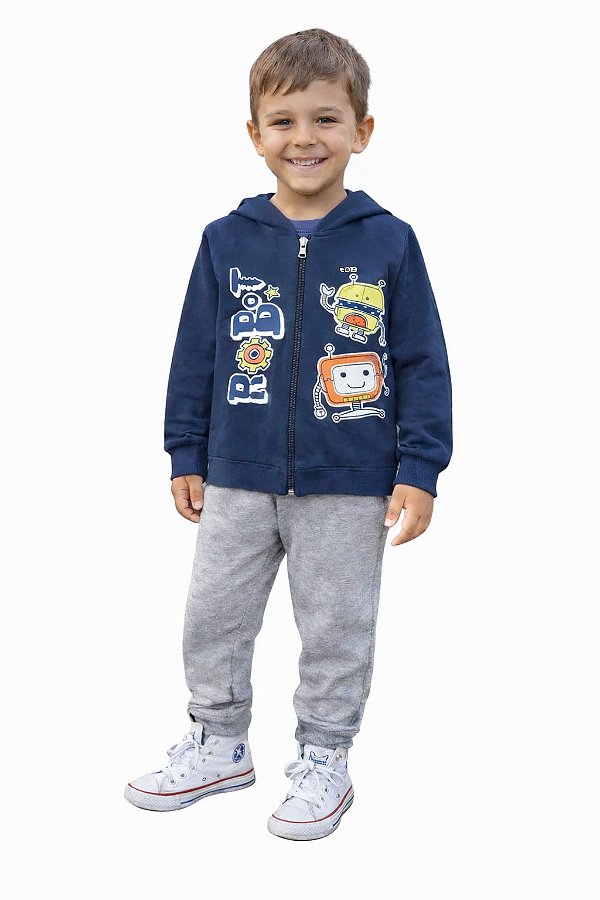 Conjunto Anale Moletom com Zíper Robôs Jaqueta com Capuz e Calça