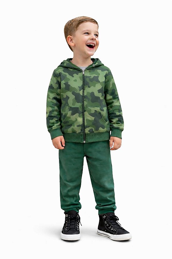 Conjunto Malwee Moletom Menino Jaqueta Camuflada com Zíper e Calça Verde