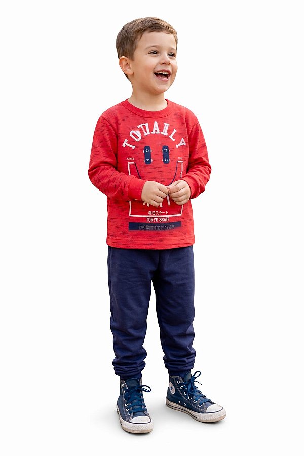 Conjunto Cato Lele Moletom Menino Blusão “Totally Fun” e Calça Azul Marinho