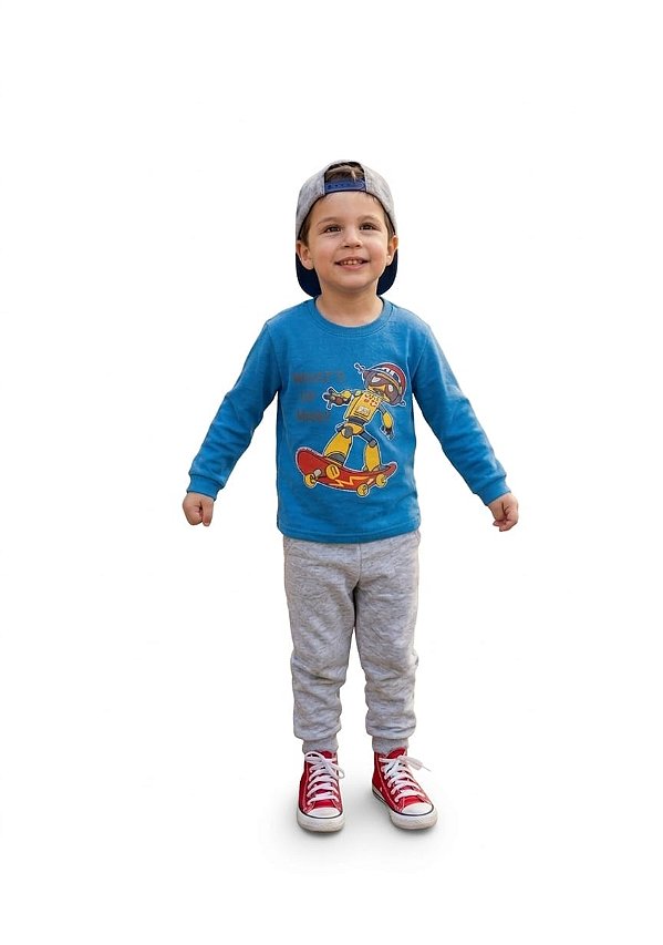 Conjunto Cleomara Moletom Infantil Blusão Azul Skatista e Calça Cinza