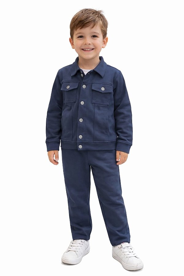 Conjunto Carinhoso Moletom Infantil Jaqueta Botonê Marinho e Calça