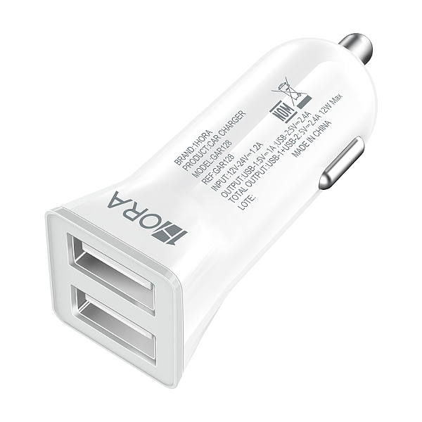 Carregador Veicular 2.4A Portas USB A Branco 1HORA