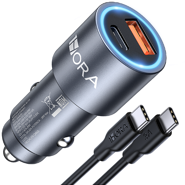 Carregador Veicular 2 Portas USB-C + Cabo  1HORA