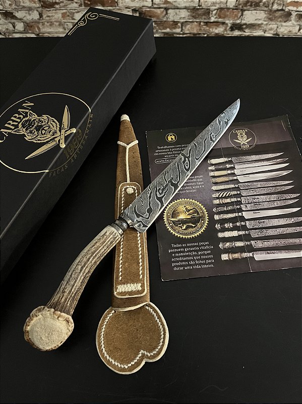 Faca Artesanal Damasco 10” | Padrão Twisted | Cabo em Chifre de Cervo Axis