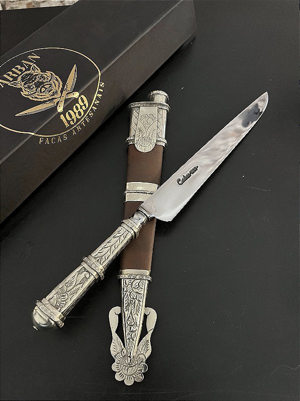 Faca Picassa Artesanal Forjada 10” em Aço Carbono Cabo em Alpaca Cinzelada