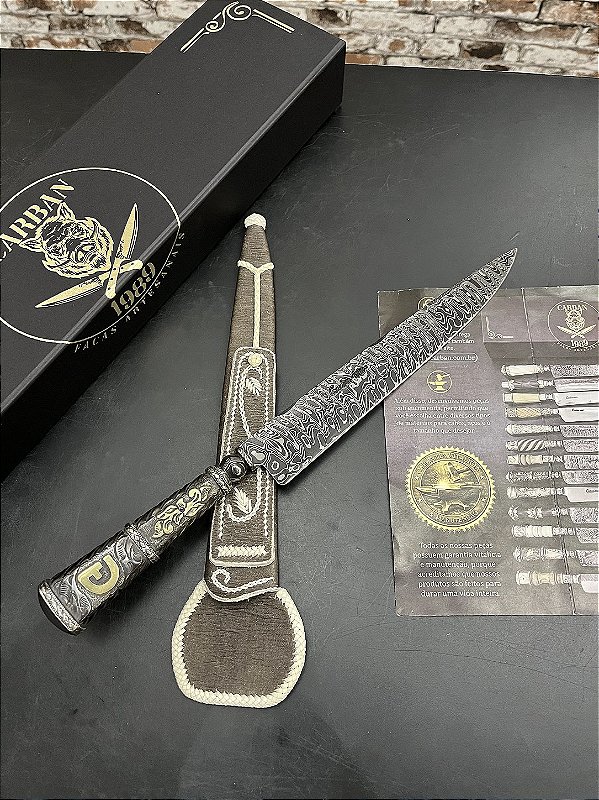 Faca Artesanal Damasco 10” Padrão Arkansas Cabo em Alpaca Cinzelada Símbolo ABCC
