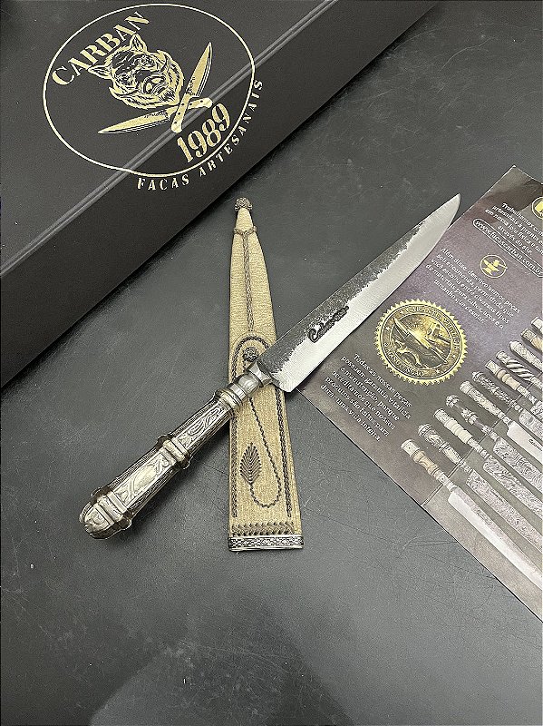 Faca Verrilheira Artesanal Brutforged 7” em Aço Carbono Cabo em Alpaca Cinzelada