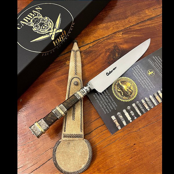 Faca Artesanal Forjada 8” em Aço Carbono 52100 Cabo em Imbuia com Prata e Ouro
