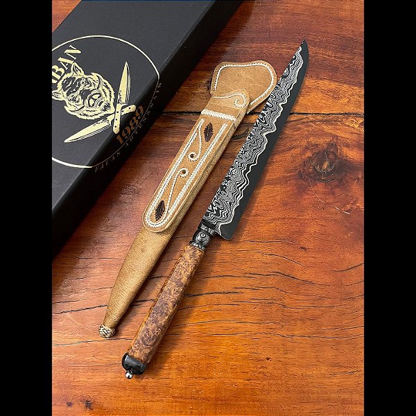 Faca Artesanal Linha Imperial em Aço Damasco Mokubono com Inserção de Cobre 10 Polegadas e Cabo em Amboyna Burl