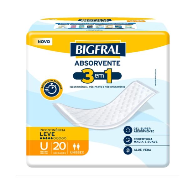 Absorvente Bigfral 3 em 1 Incontinência Leve U20 – Unissex com Aloe Vera