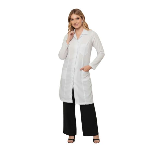 Jaleco Feminino Acinturado Manga Longa Branco Oxford
