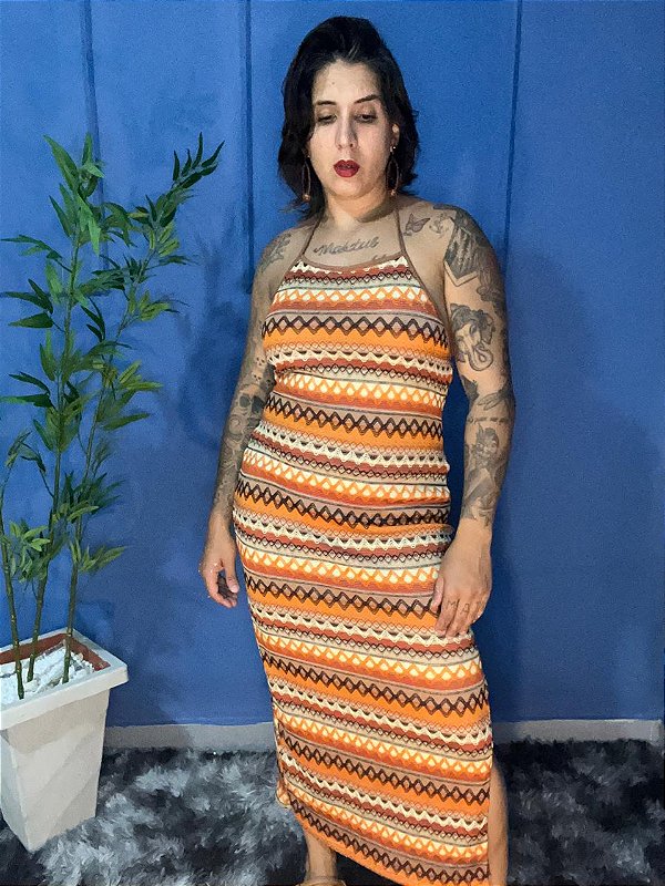 Vestido Longo Estampado Zigzag com Fenda