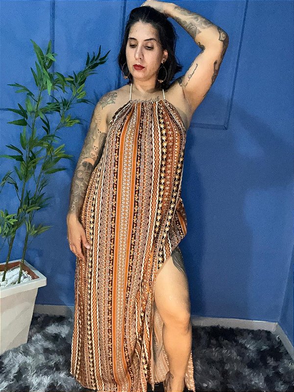 Vestido Frente Única Longo Estampado Fenda