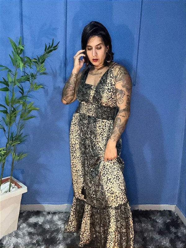 Vestido Longo Stylo Toque de Seda Dourado