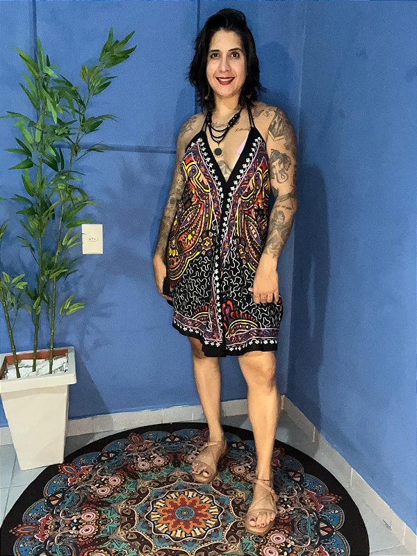Vestido Lenço Bordado Curto Estampado