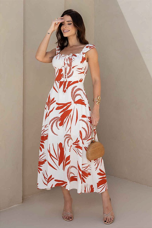 Vestido Veneza Midi com Alças e Decote Franzido