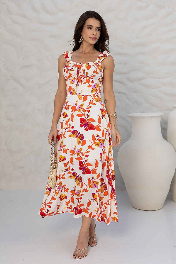 Vestido Florença Midi com Alças e Decote Franzido